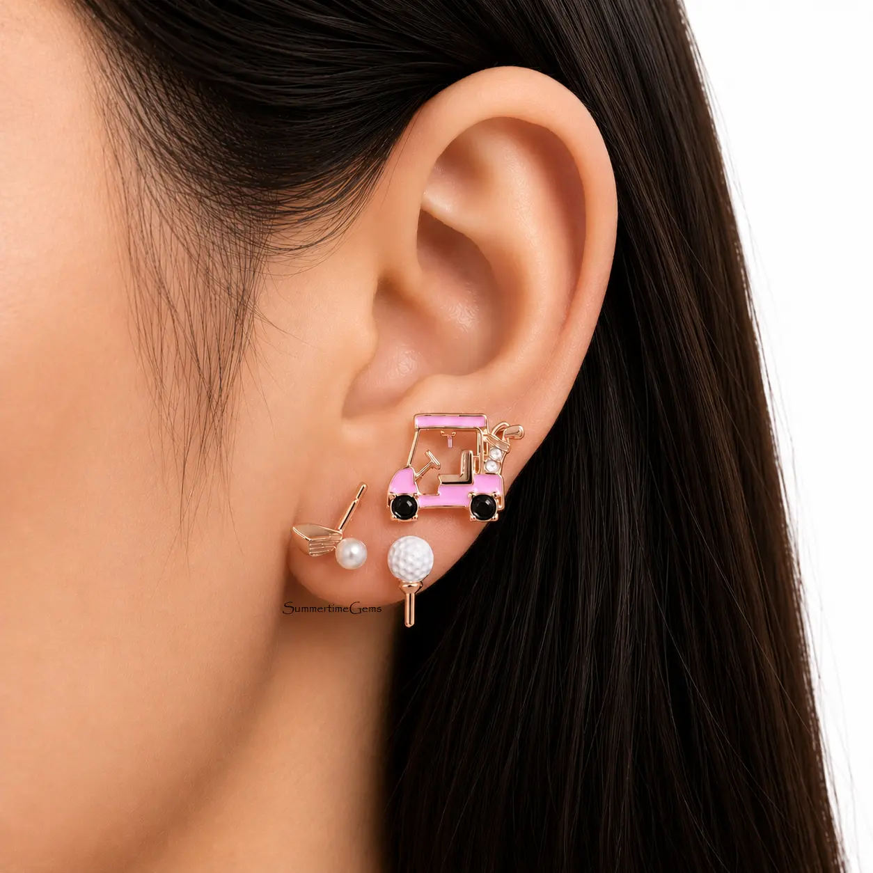 SUMMERTIMEGEMS Titanium Gold Mini Stud Hypoallergenic Earrings Set - Lightweight Post, Golf-Themed (Cart, Ball & Clubs) Titanium Jewelry for Golf Lovers, Titanium Earrings
