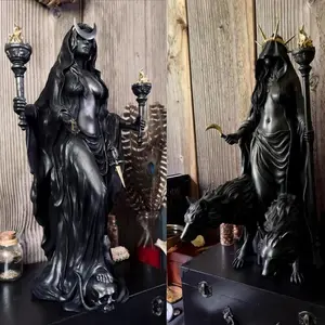 Halloween Greek Goddess Hecate Statue, Resin Handmade Sculpture with Hunting Dog, Spirit Guide and God of Light, Altar Decoration, Night Magic Symbol, Spooky Decor