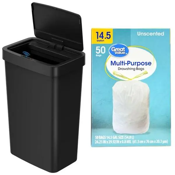 Mainstays 13.2 Gal Plastic Automatic Motion Sensor Trash Can, Touchless Soft-Close Lid, Tall Rectangular Slim Bin with Trash Bag for Kitchen, Office, Black
