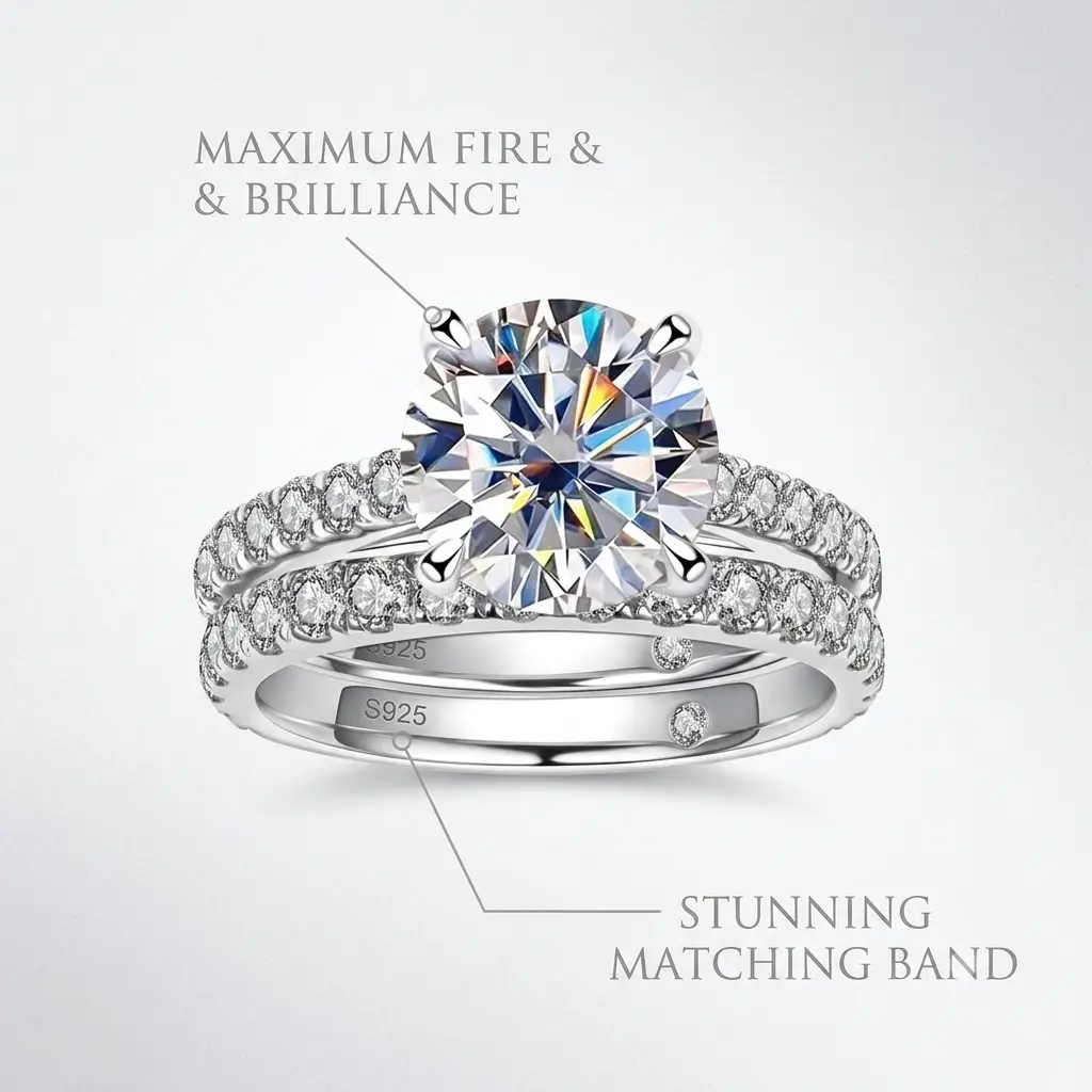 Sparkling Wedding Ring Set for Women, 3CT Moissanite Round Cut Solitaire Engagement Ring in S925 Sterling Silver with Pavé Band, Marriage Ring, Fashion Engagement Ring