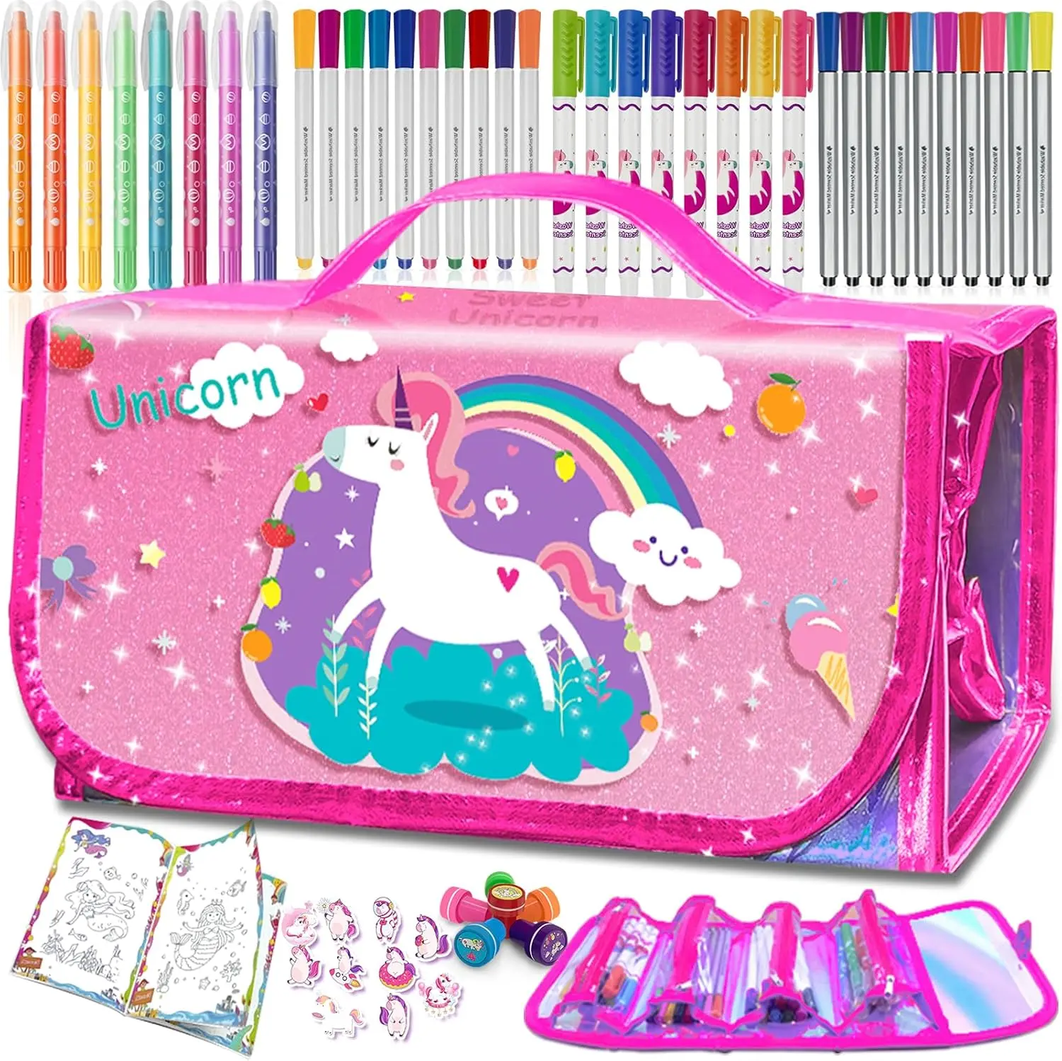 56 PCS Washable Scented Markers Set with Glitter Pencil Case, Kids Art Set | Mermaid Unicorn Arts and Crafts for kids 4-6-8 Kids Drawing Set for 4-8 Years Old Girls Birthday Gifts