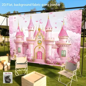1pc 2D Flat Princess Castle Birthday Backdrop - Pink Floral Fairy-tale castle with Golden Doors, Non-Electric Party Decoration for Girls Birthday, Wedding, Photo Booth - Durable Polyester Fabric Banner for Home,