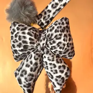 Leopard Print Puffy Bow Keychain Wristlet with Cute Fur Ball for Stylish Accessory