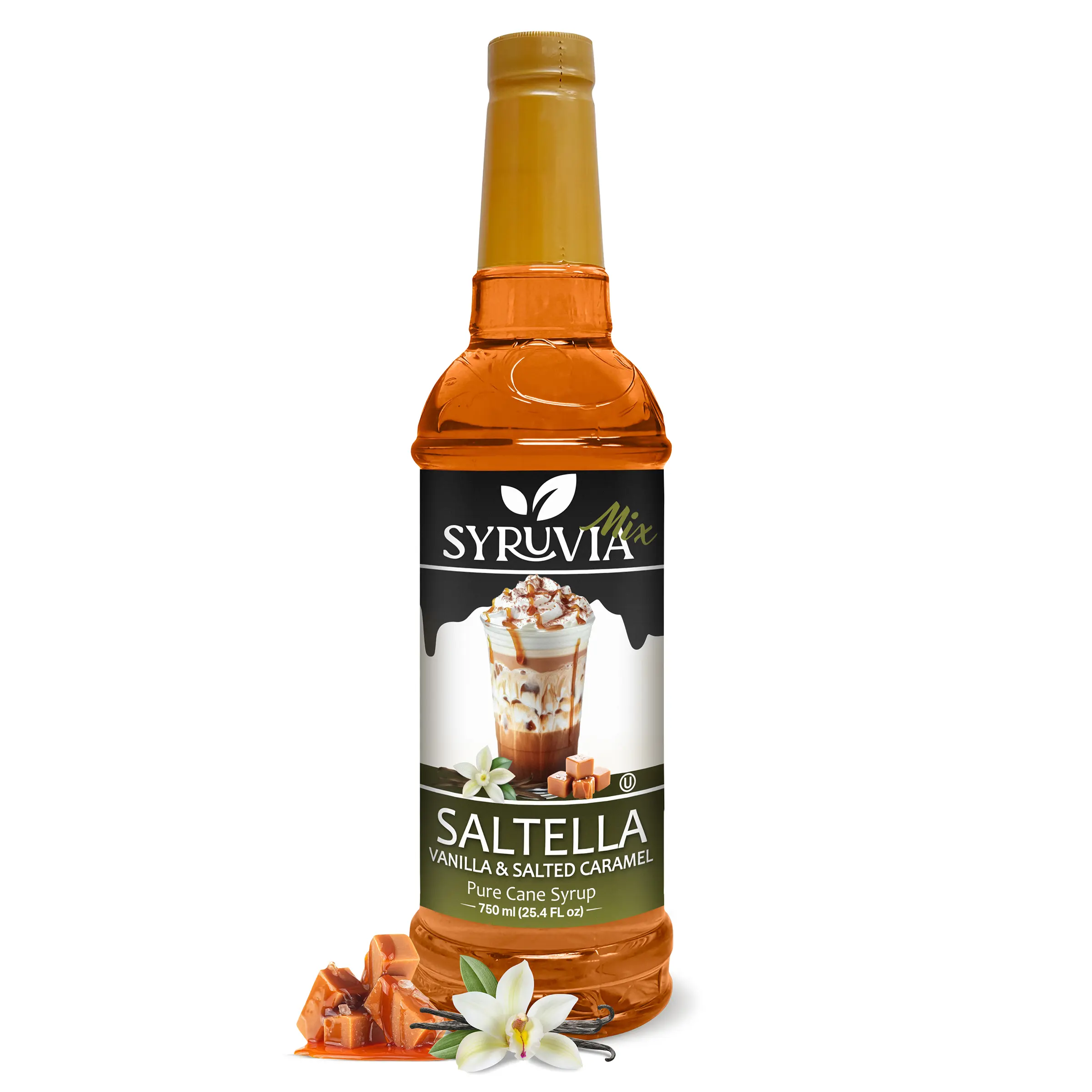 Syruvia SALTELLA Vanilla Salted Caramel Syrup - 25.4 fl oz Premium, Kosher, Gluten-Free Cane Sugar-Sweet Syrup for Iced Coffee, Vanilla and Coffee Drink Mix