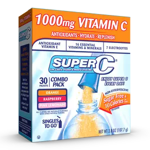 Super C Drink Mixes 1000mg Vitamin C & Calcium 16 Essential Vitamins 7 Electrolytes Sugar Free Non-Effervescent Variety Pack Orange Raspberry Pink Lemonade