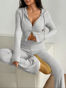 Women's Casual Homecoming Set, Short Zipper Hoodie Long Sleeve Top and Flare Pants, Ribbed Knit Fabric, Fall Winter