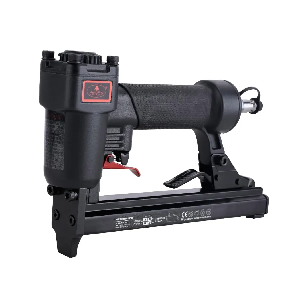 Aeropro Adjustable Lightweight Compact Pneumatic Wide Crown Staple Gun - T50J-20Gauge T50J Power Tool with Exhaust Adjust, for Upholstery, Woodworking, 1/4-Inch to 9/16-Inch Staples, Overmold Grip