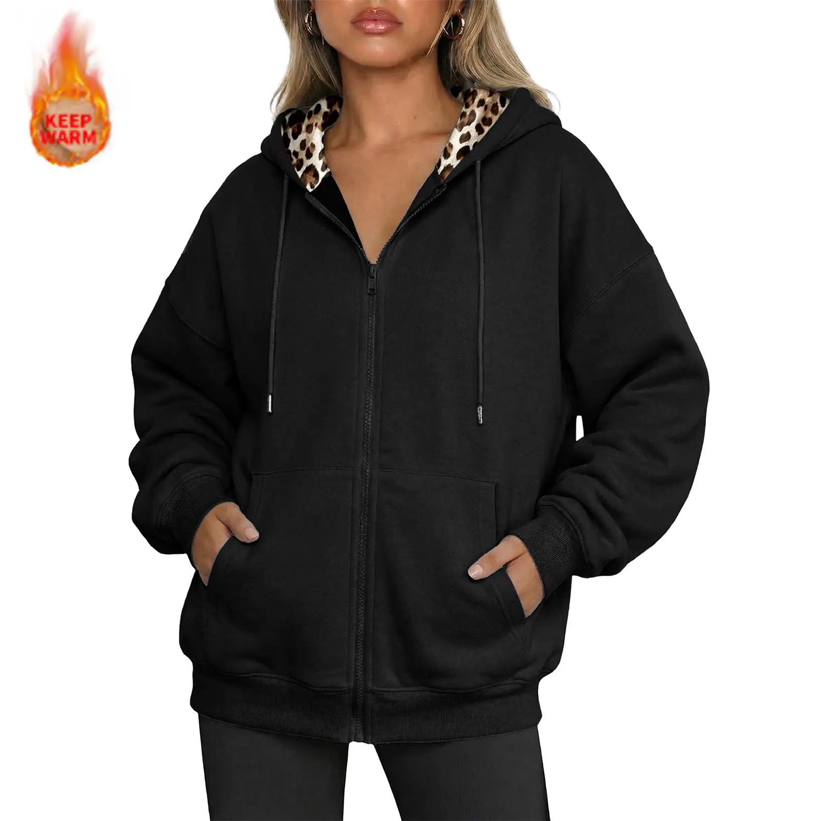 DOKOTOO Women Fall Winter Casual Sweatshirt Leopard Print Graphic Design Outerwear Streetwear Zip-up sweatshirt