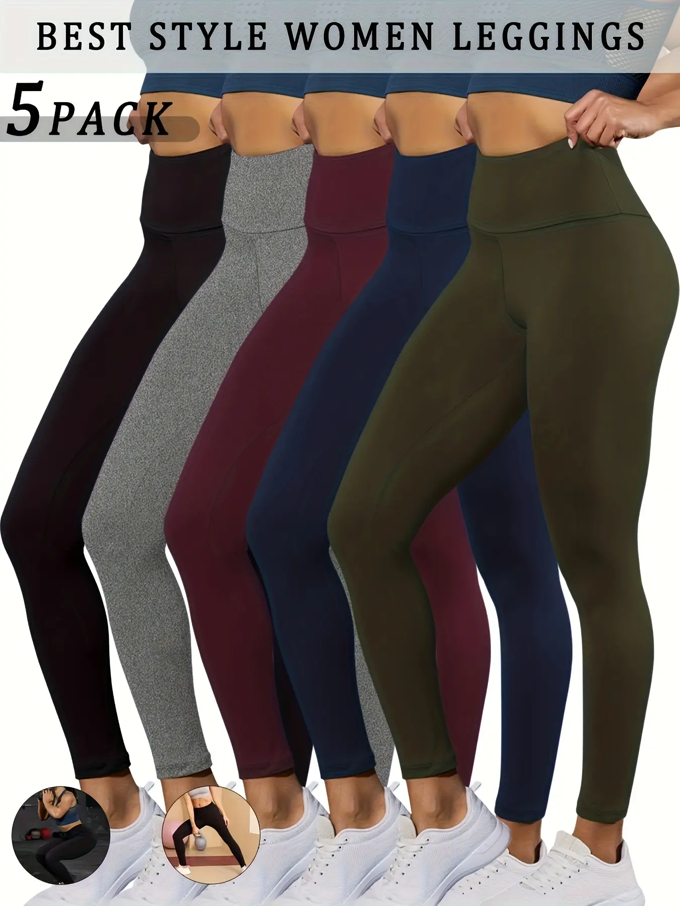 Women's 5-Pack Super Soft High-Waisted Fitted Leggings, Polyester Tummy Control Opaque Workout Pants, S Size, Do Not Dry Clean for Yoga, Gym