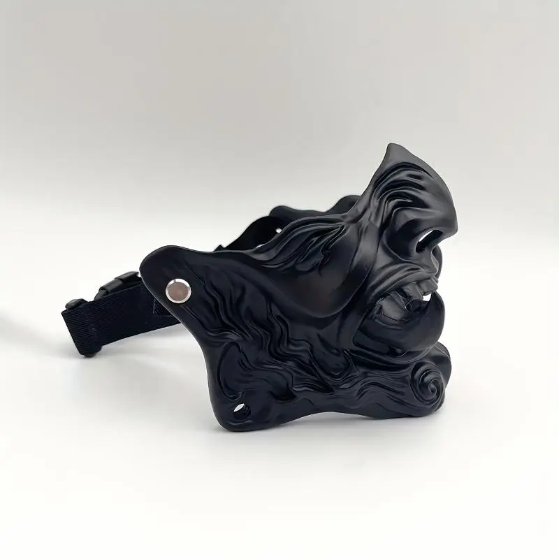 Japanese Oni Mask PG657372 - Black Resin Demon Face with Horns, Teeth, Realistic Noh Theater Costume Accessory, Halloween Party Props, Face Covering Accessories