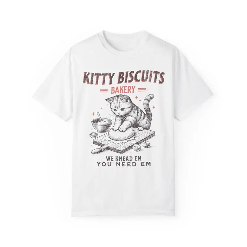 Men's Cotton T-Shirt, Casual Shortsleeve Round Neck Tee with "Kitty Biscuits Bakery" Graphic Print and Reinforced Stitch, Bakery Theme, Classic, Crew Neck