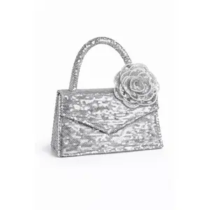 Flor Sequin Mini Bag – Structured Evening Clutch with Floral Detail, Silver & Gold