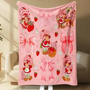 Strawberry Shortcake Pink Bow Collage Flannel Throw Blanket | Soft & Cozy | Perfect Gift for Retro Cartoon Fans | Bed Sofa Travel Decor