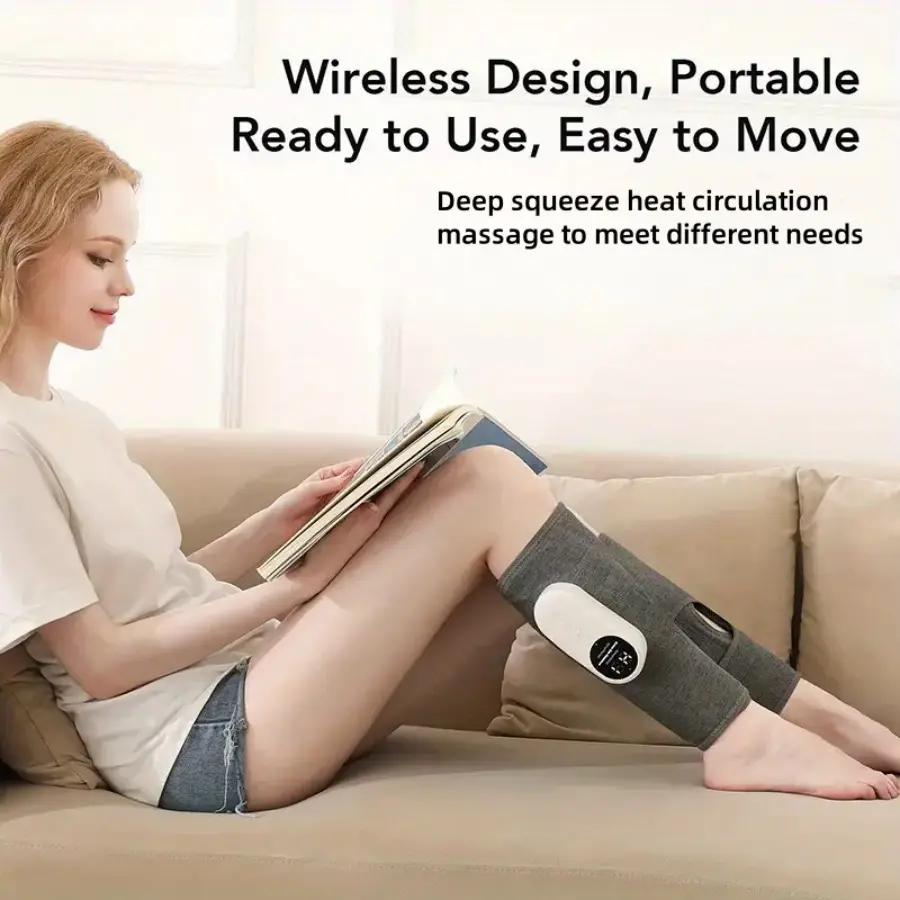 Electric air-compression leg massager featuring 3 intensity levels and 3 temperature settings; its portable design is suitable for calves, thighs, and knees, making it an ideal gift for parents or a perfect holiday present.