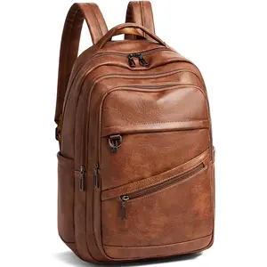 43L Backpack for Women Men - Vegan Leather Backpack Purse Travel Carry- Bag College Bookbag Work fits 17" Laptop, Brown