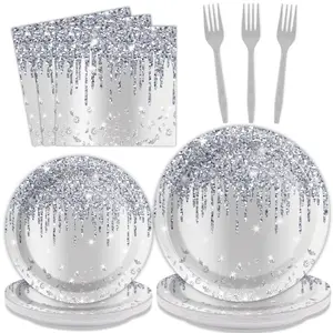 96 Pieces Prom Silver Color Glitter Party Disposable Tableware Set, Happy Birthday Table Decorations, Glitter Diamonds, Dessert Plates, Napkins, Forks