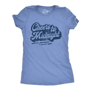 Womens Cheers to Midnight and By Midnight I Mean 9pm T Shirt Funny New Years Eve Graphic Tee Funny Womens T Shirts Cute Vintage Fashion Casual Ladies T-Shirt Gift New Years Tops for Women Women's Novelty Tees Light Blue