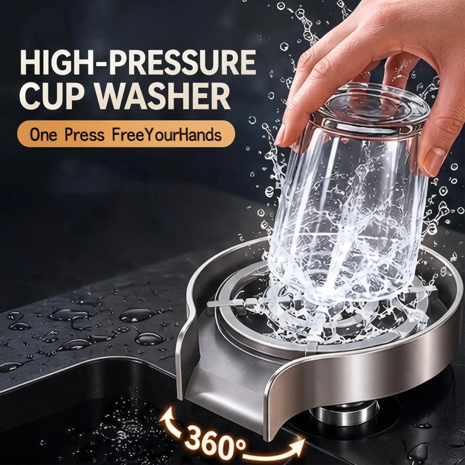 Stainless Steel High-Pressure Automatic Rinse Cup Washer - Compact Solid Metal Kitchen Sink Accessory, Simple Press Fast-Cleaning Daily Tool for Cups, Bottles