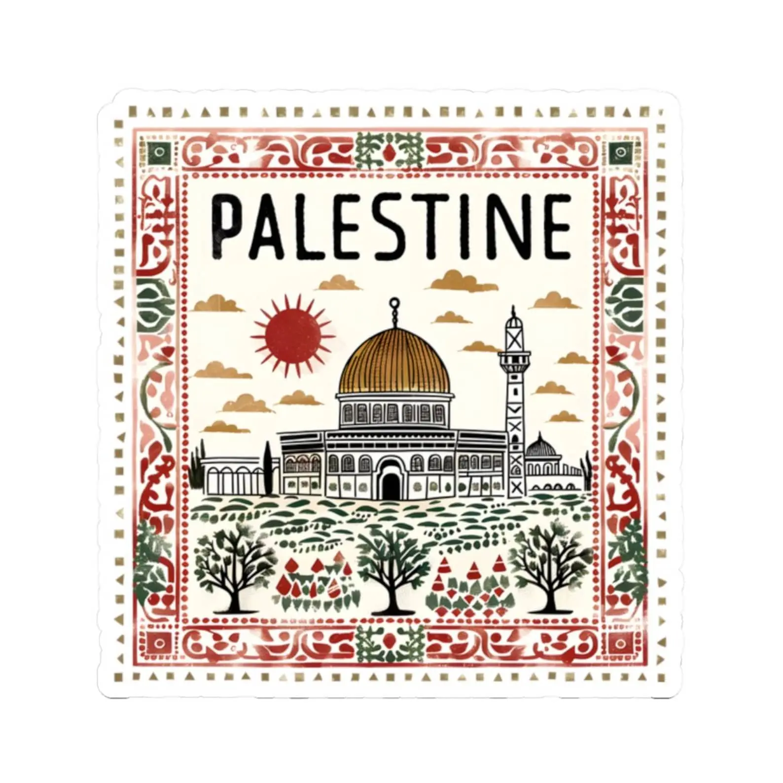 Palestine Stamp Sticker, Free Palestine Decal, Middle Eastern Mosque Vinyl Sticker, Human Rights Awareness Art, Peace Activism Sticker for Laptop, Water Bottle & Journal Decor