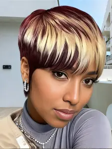 pixie cut short straight layered human hair wig daily party cosplay use human hair wig machine made burgundy/613 red/613 color for women Pixie Wigs