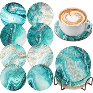 8 Pcs Teal Marble Ocean Clay Diamond Art Painting Coasters with Holder Tray - DIY Diamond Art Kits for Beginners, Kids, Home Supplies Tableware Craft Kits for Adults