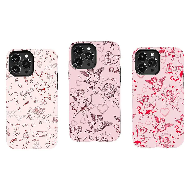 Valentine's Day Cupid-themed pink phone case, suitable for iPhone 17-11 Pro Max/Plus and Samsung Galaxy S23-25.