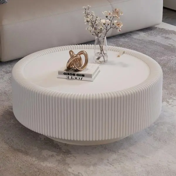Bellemave Round Fluted Coffee Table - Disc-Shaped Circle Design with Glass-Clear Tempered Glass Top, PU Leather Body, Baked Enamel Metal Base, Hidden Storage - Modern Minimalist Living Room Accent Table, Disc-Shaped Coffee Tables