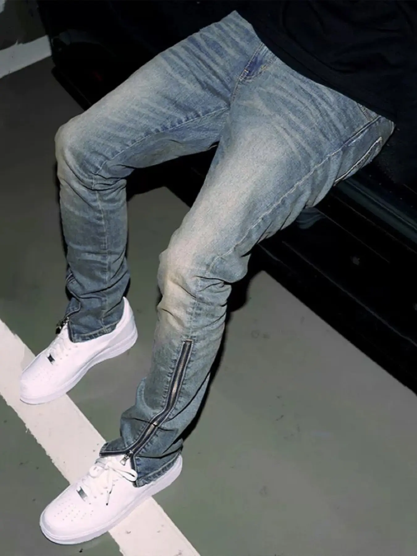 Men's Y2K Street Fashion Light Blue Distressed Plain Fitted Jeans | Slim-fit Jeans with Ankle Zippers, Millennium Street Style Denim Pants, Essential for Urban Street Fashion, Streetwear, Menswear Natural, Pocket, Slim Fitting Jeans, Fashion Jean Bottoms
