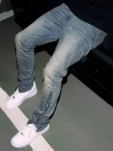 Men's Y2K Street Fashion Light Blue Distressed Plain Fitted Jeans | Slim-fit Jeans with Ankle Zippers, Millennium Street Style Denim Pants, Essential for Urban Street Fashion, Streetwear, Menswear Natural