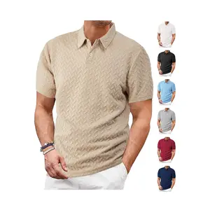 Men's Short Sleeve Polo Shirts Textured Casual Knit Golf Shirt Chevron Pattern Casual Short Sleeve Jacquard Polo Shirt Classic Textured Button Collar Top Key