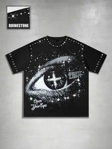 Rhinestone Saint God's Eye Graphic Print Round Neck Baggy Oversize Short-Sleeve T-Shirt ; Shirt/T-Shirt for Men and Women, Unisex, Menswear; European and American Streetwear Street Style Cool Casual Summer Party Nightclub Short-Sleeve T-Shirt