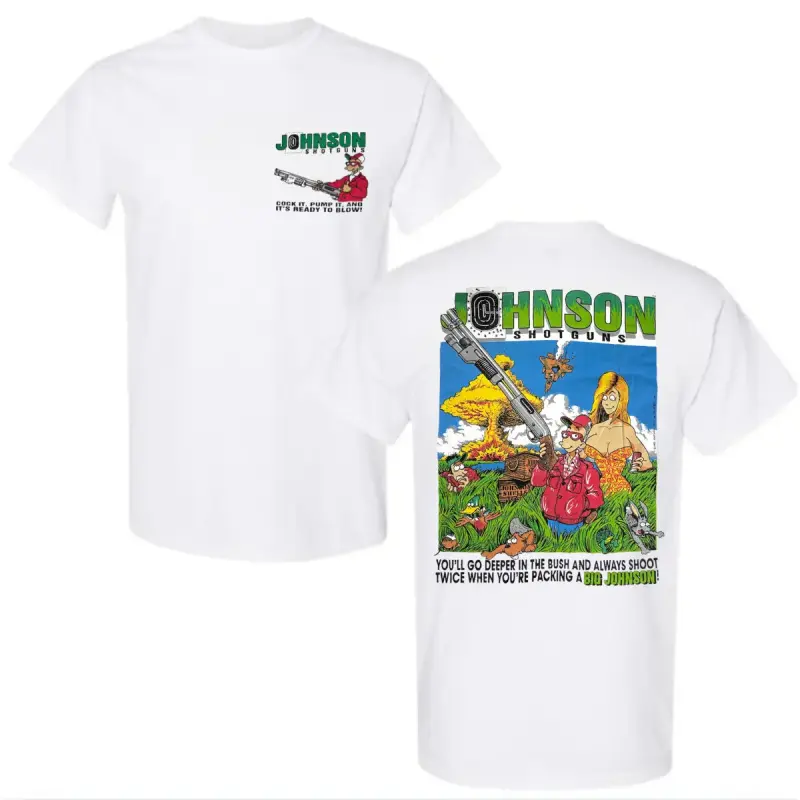 Women's Big Johnson Shotguns Novelty T-Shirt - Customized 2-Sided Vintage Hunting Graphic, Classic Round Neck Shortsleeve, Soft Cotton Blend, Casual Outdoor Apparel, Gift for Hunters, Stylish