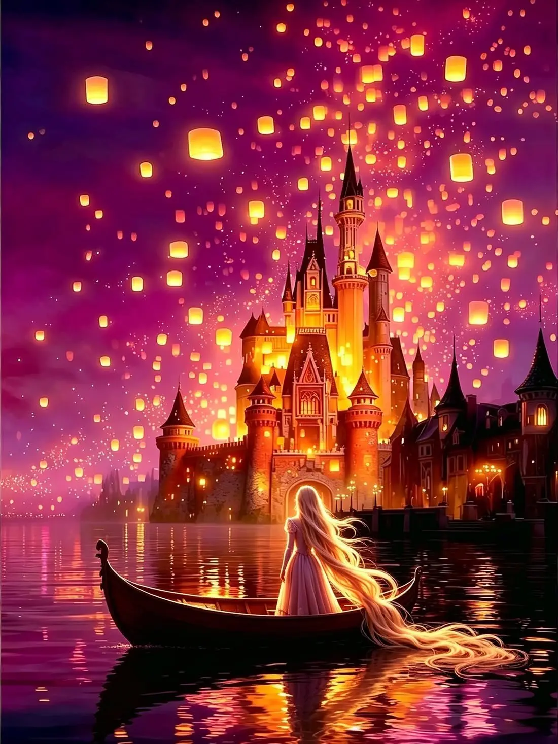 5D DIY Diamond Painting Kit, Magical Fantasy Castle Sky Lantern Long Hair Lady On Boat Art, Fairy Tale Canvas Wall Decor Craft for Home