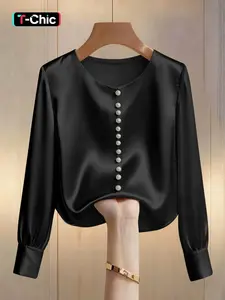 Women's Fashion Aesthetic Long Sleeve Top, Elegant Soft Satin Round Neck Blouse, Shirts, Casual Business Top, Casual & Formal Office Commute Wear, Slim-Fitting Fall, Womenswear, Lady, Basic, Casual Fashion Chic, Fitted