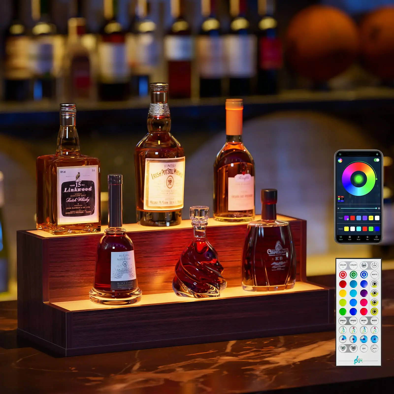 LED Liquor Shelf with  Wooden  Bottle Display Shelves Wood Rack Wine Retro Bar Cabinets for Home Commercial Bar Party