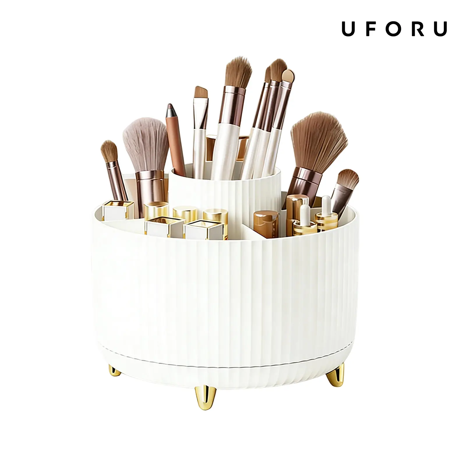 UFORU Multi-Functional Desk Organizer, 360° Rotating Round Storage Holder with 5 Compartments, Makeup Brush Cup, Pen Holder, Office and Vanity Organizer