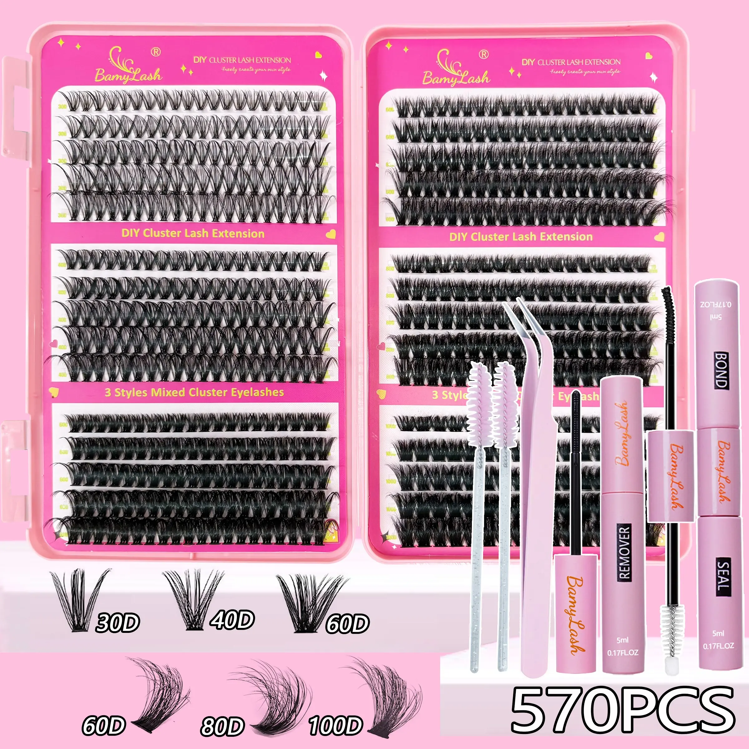 570PCS Mixed Style 3040606080100D Synthetic Voluminous False Eyelashes Set, 10-18mm D Curl, Mixed Length,Lash kit with bond seal and remover and applicater and lash brushes,natural Volume DIY Individual Lashes,Home Lash Extension Kit, Eyelash Extensions