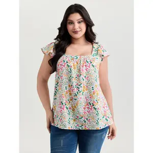 BloomChic Women's Plus-Size Bohemian Multicolor Bright Floral Print Flutter Sleeve Polyester Blouse - 2026 Summer Pick, Smooth Fabric Top with Flattering Fit for Mother's Day, Stylish Shirts for Curvy Women Swimweek
