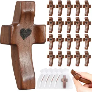 10Pcs Wooden Cross Fidget with Organza Bags Cross My Heart/ Encouragement Gift Handcrafted Walnut Pocket Cross Handheld Prayer Stress Relief Christian Faith Gifts Religious Easter Day Gifts