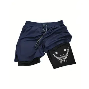 Men's 2-in-1 Double Layer Drawstring Workout Shorts, Dripping Evil Smiley Face Print Stretchy Athletic Gym Shorts with Pockets, Quick Dry Training Shorts
