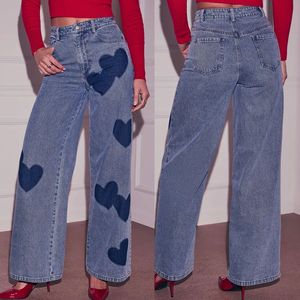 Women High Waist Heart Print Wide Leg Jeans, Vintage Light Wash Baggy Straight Denim Pants with Dark Heart Patches, Casual Street Date Valentine Outfit, Spring Fall Daily Long Trousers Gift for Her Light Blue Multi Sizes-DTY