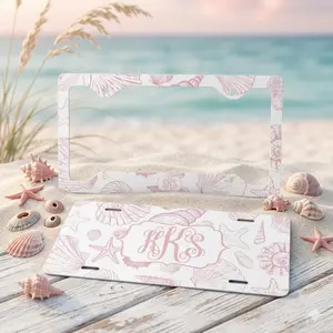 Custom Monogram License Plate & Frame Set, Personalized Pink Nautical Car Decor, Seashell Vanity Plate Gift for Her, Monogram Gift