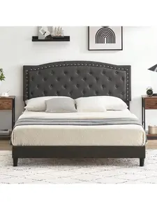 Full/Queen Size Upholstered Bed Frame With Height-Adjustable Headboard, Linen Platform Bed Frame Mattress Foundation With Wooden Slats Support, No Box Spring Needed, Gray/Black