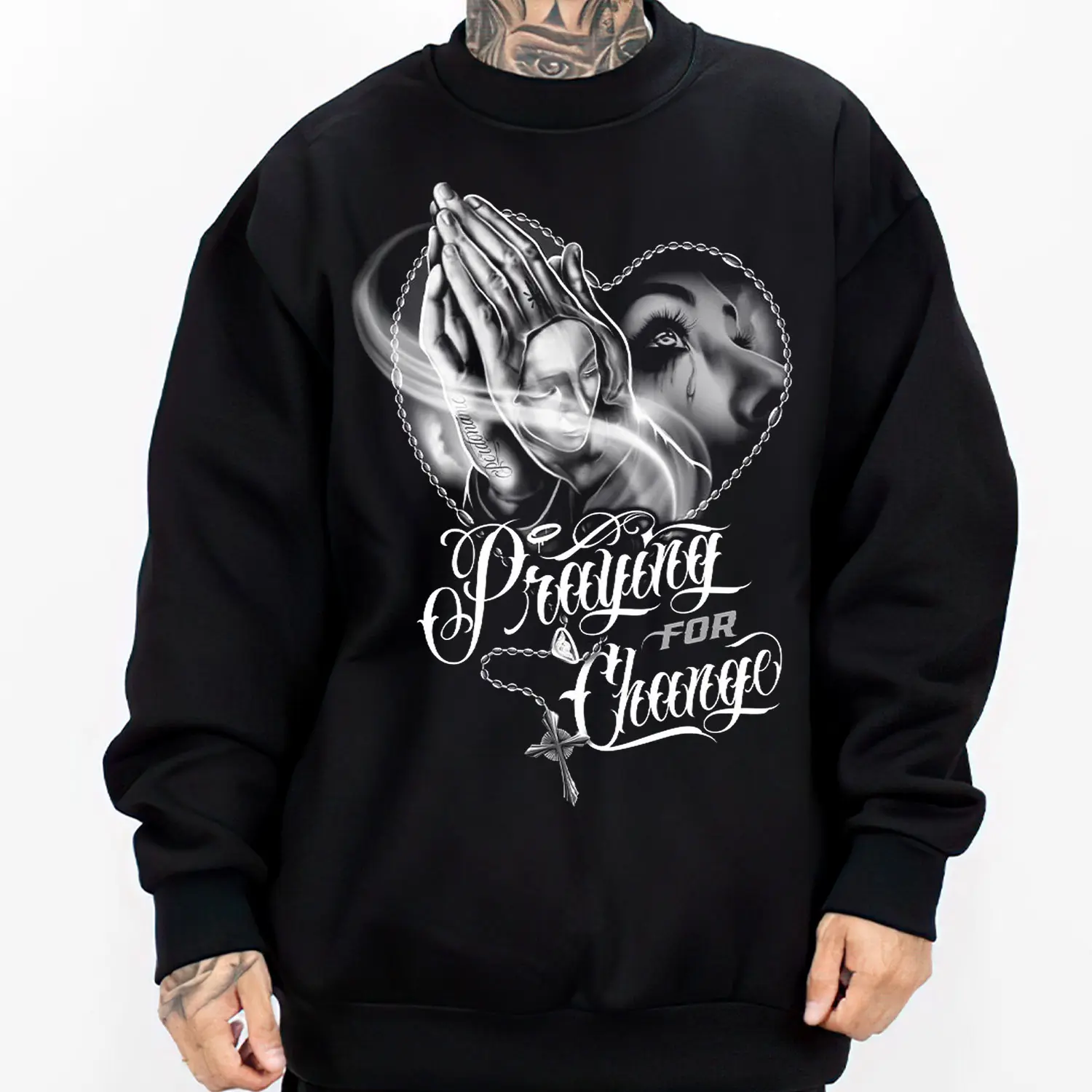 Praying for Change, Unisex Cotton Chicano Streetwear Graphic Tee & Crewneck Sweatshirt - Lowrider Chicana Art, Cholo Gangster Outfit, Soft Fabric Hoodie for Men