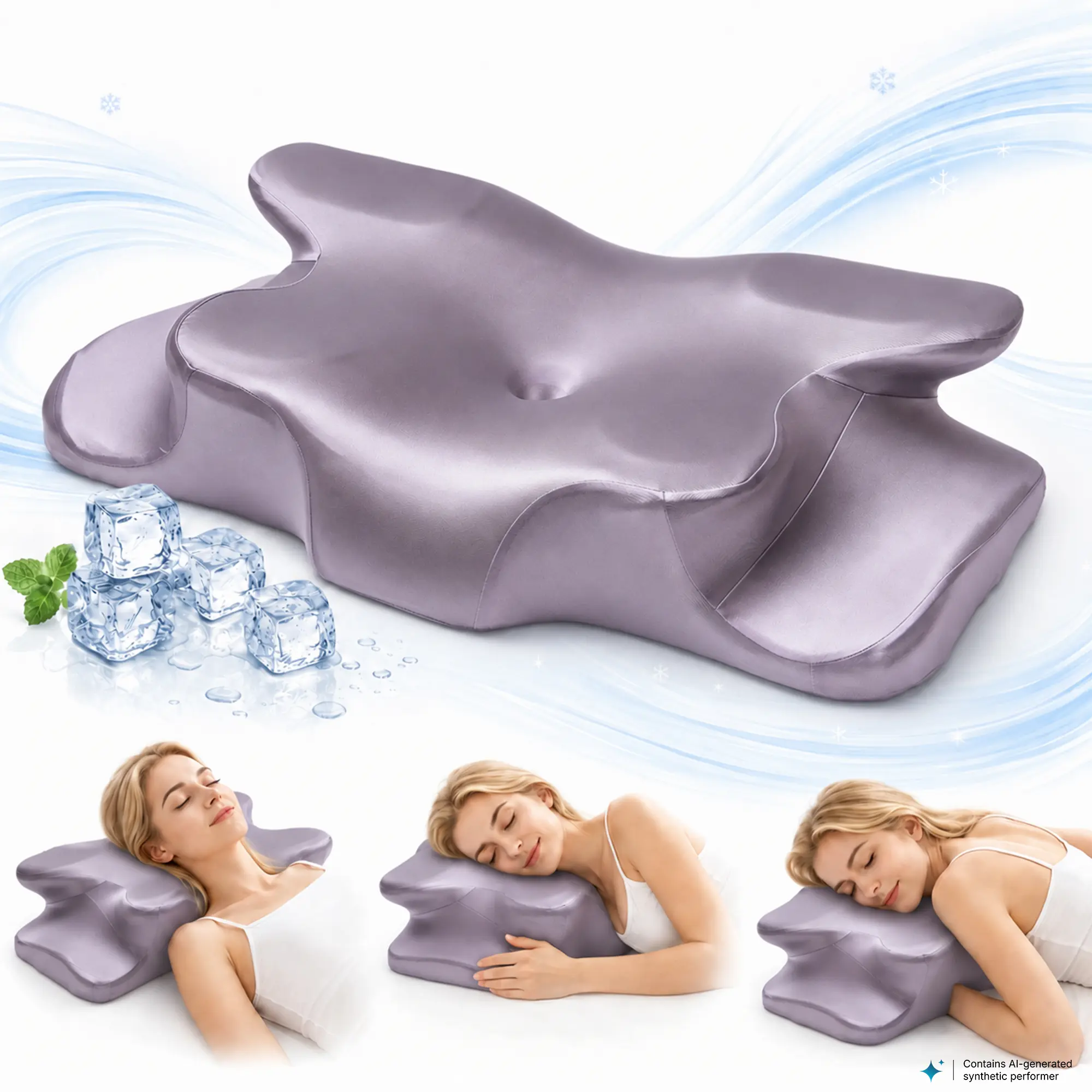 Hestia Ice Silk Cooling Butterfly-Shaped Cervical Memory Foam Pillow, Double-Sided 10/8cm Adjustable Height for Side Sleepers, 60D High-Density Unscented Support for Neck Pain Relief,  Ice Silk