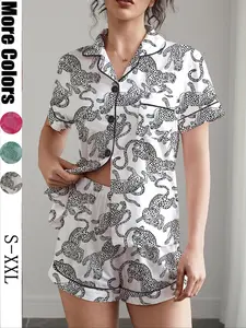 Women's Leopard Print Pajama Set, Casual All-Over Print Collared Shirt & Shorts, Soft Fitted Loungewear Sleepwear for Holiday Party Home Comfort