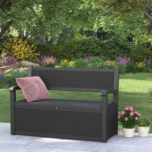 Weatherproof Plastic Patio Storage Bench, Outdoor Plastic Deck Box with Seating, Durable Plastic Garden Storage Bench for Outdoor Cushions, Tools, Toys