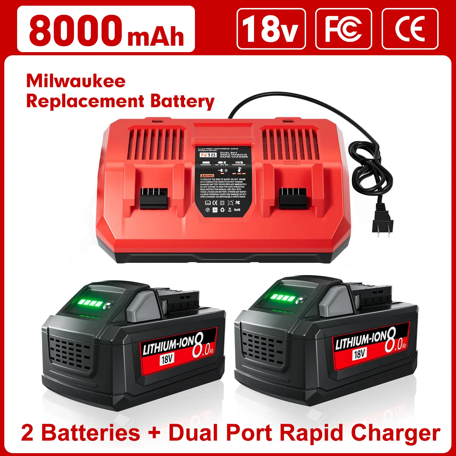 2-Pack 20V 7.0Ah High-Capacity Replacement Batteries & Charger with LED Display for Craftsman V20 MAX Power Tools, Compatible with 18V 8.0Ah Models CMCB205, CMCB204, CMCB202, CMCB201, CMCD700C1, CMCS500B