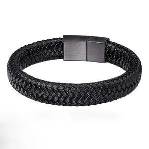 Leather Bracelet for Men Braided Cuff Wristband Stainless Steel Clasp in Silver and Gold Jewellery Gift Accessories Men's Cuff Bracelets Bangle