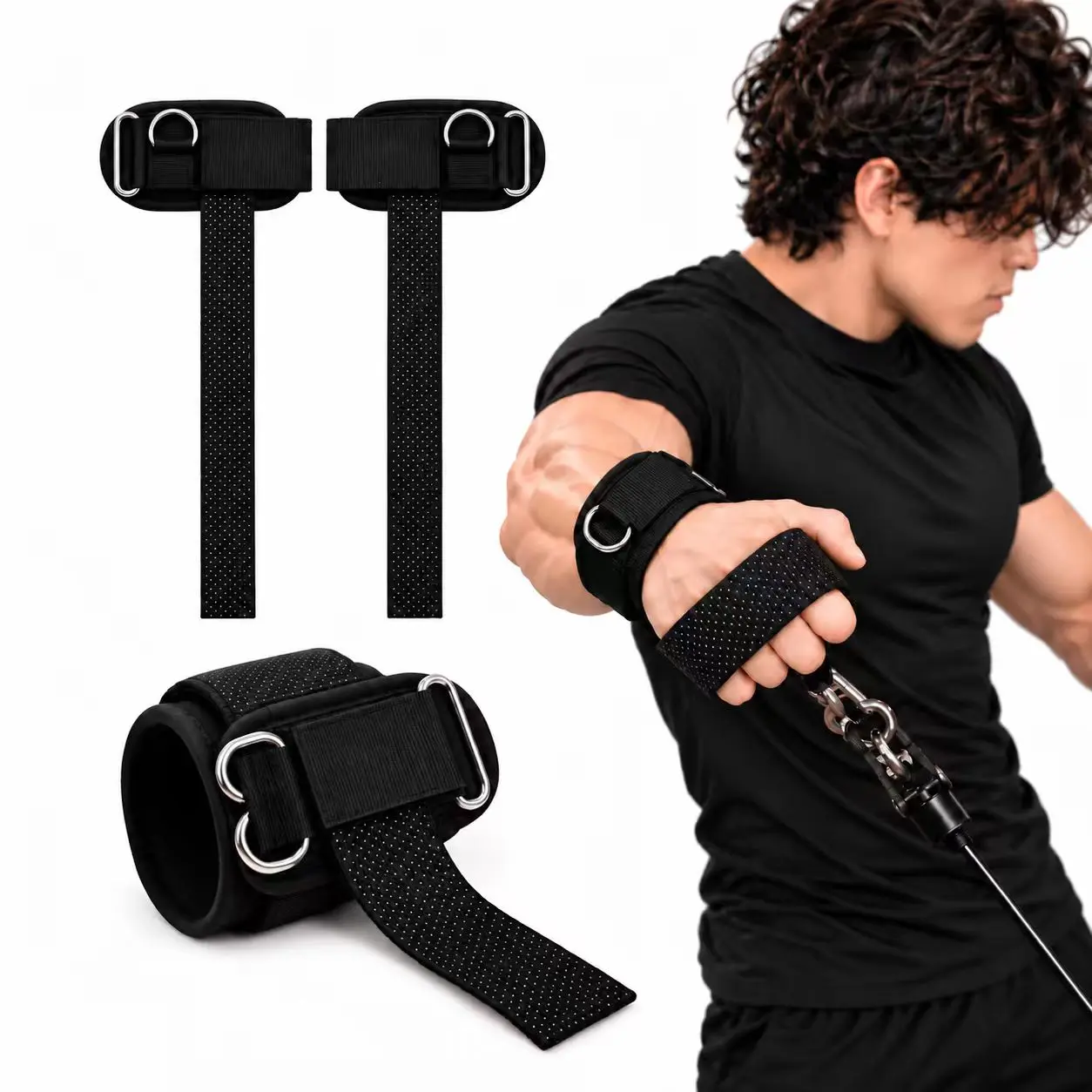 Weightlifting Deadlift Straps - 14.5" Adjustable Cotton Wrist Wraps with Steel D-Rings, Anti-Slip Grips, Snug Cuffs, Fast Cable Attachment, Adjustable Straps for Gym Workouts